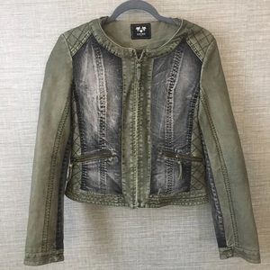 FRIME Gray Denim & green faux leather Moto jacket